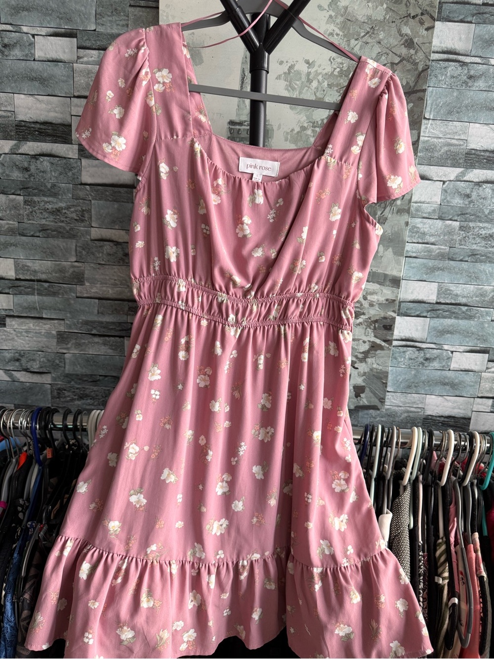 Pink Rose Floral Knee-length Smocked Waist Dress